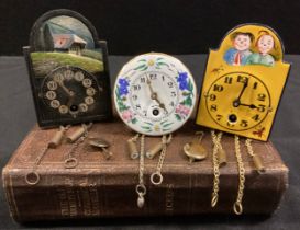 20th century miniature continental timepieces, wooden and enamel (3)