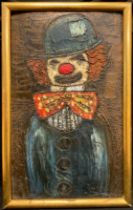 Mid 20th century Naive school, portrait of a clown, indistinctly signed, oil on board, 50cm x 30cm.