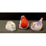 A Royal Crown Derby paperweight, Robin, gold stopper, others Rabbit gold stopper, goldcrest silver