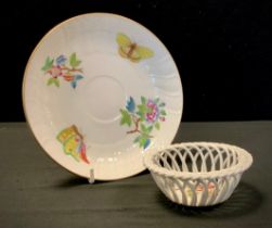 Herend Hungary ware including delicate basket weave dish, hand painted bird in the centre, 9.5cm