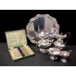 A silver plated four piece tea set, shaped tray etc