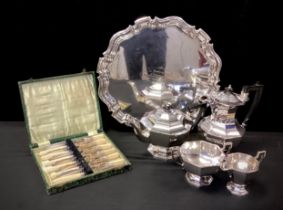 A silver plated four piece tea set, shaped tray etc