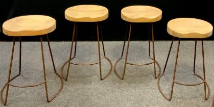 A set of four bar stools, mango wood seats, and ‘rust’ finish metal bases, each 60cm high, (4).