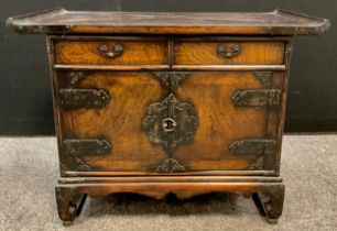 A Chinese elm and hardwood side cabinet / altar table, pair of short drawers to frieze, cupboard