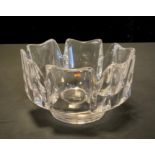 An Orrefors art glass bowl, ref JY 38 Y-14, shaped petal sides, 14.5cm wide.