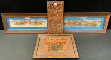 A pair of Chinese cork pictures, 11cm x 52cm; a Chinese door handle, framed; carved hardwood