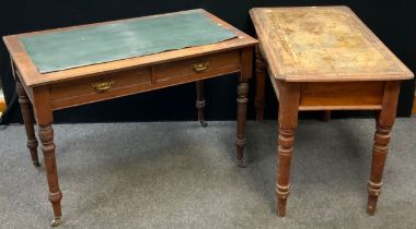 A late Victorian oak writing desk, pair of short drawers to frieze, turned legs, ceramic casters,