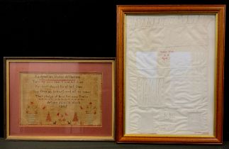 A Victorian embroidered sampler, inscribed 'Take my poor heart and let it be Forever closed to all