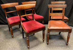 A set of three Regency mahogany dining chairs; two further 19th century chairs, (5).