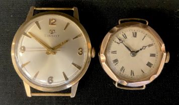 A Tissot 9ct gold cased wristwatch head, brushed silvered dial, Arabic numerals and arrow baton