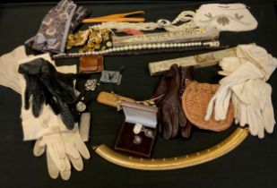 Ladies fashion including 20th century gloves, beaded and embroidered purses and pouches, costume