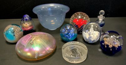 Paperweights including a Michael Harris paperweight, 9cm high, others similar; Studio glass