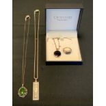 A C W sellors silver mounted blue john oval panel ring and similar pendant necklace, boxed, silver