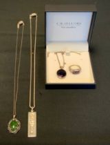 A C W sellors silver mounted blue john oval panel ring and similar pendant necklace, boxed, silver
