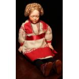 A bisque shoulder head character doll, the bisque shoulder head with blue side glancing intaglio