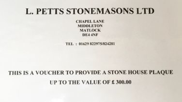 A voucher for a stone house plaque of your design/choice by L.Petts stonemasons of Middleton