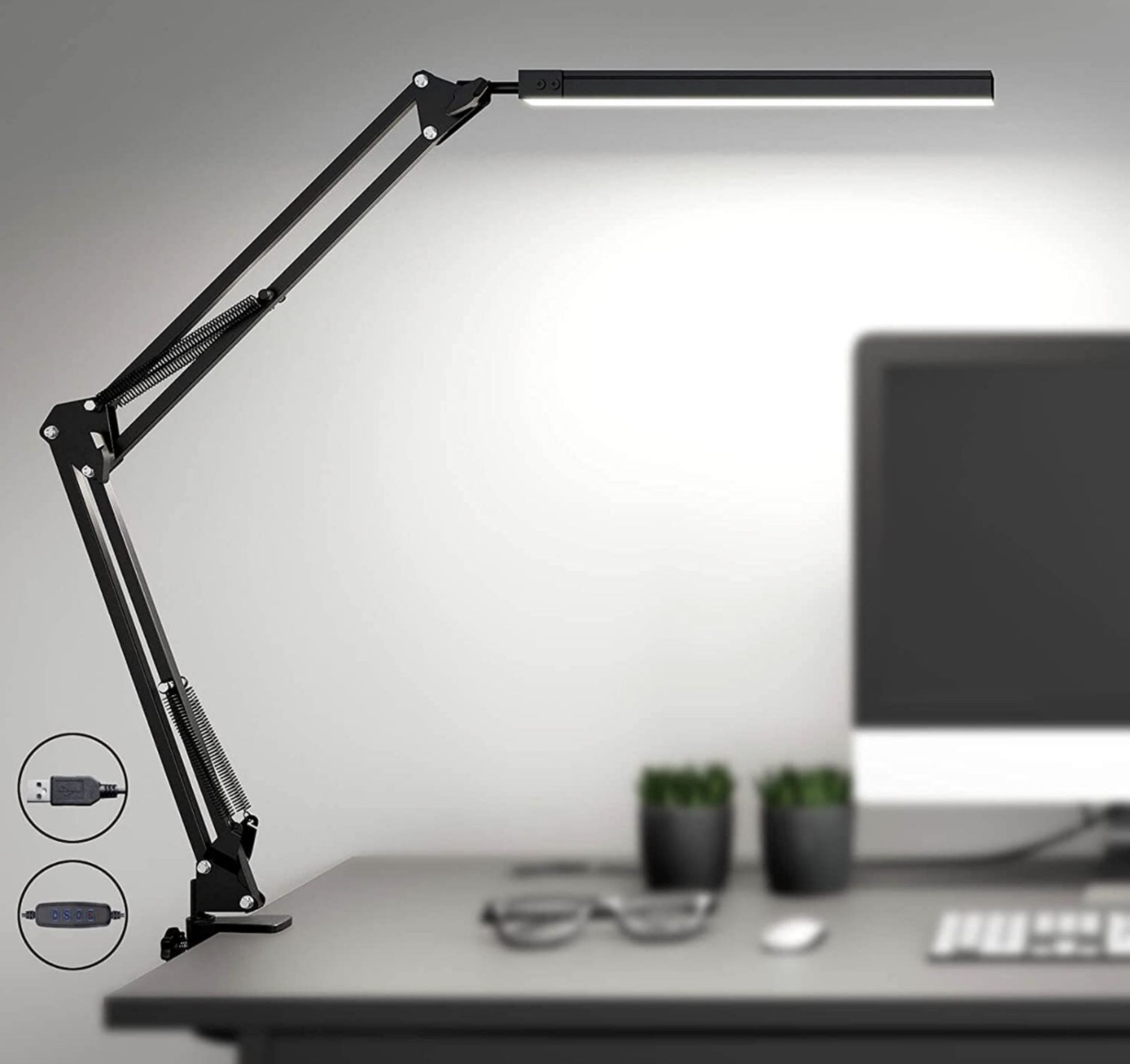 RRP £29.99 Skyleo LED Desk Lamp with Clip Swing Arm Eye Protection USB Lamp