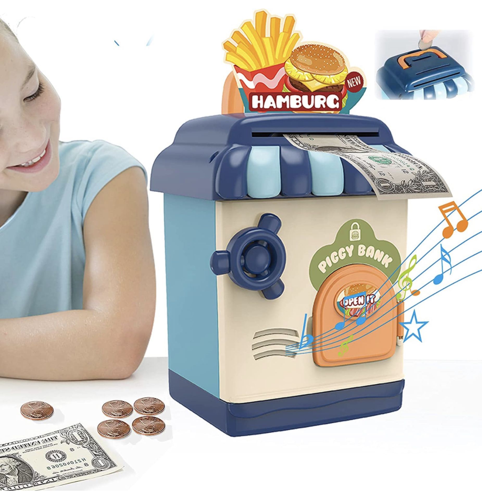 RRP £21.99 Piggy Bank for Kids, Electronic ATM Money Coin Saving Box with Music Password