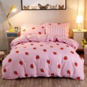 Loussiesd Girls Kids Teens Red Strawberry Print Bedding Set Pink Comforter, Single RRP £20.99