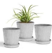 RRP £22.99 T4U Cement Plant Pots with Saucer Modern Stripe 3-Pack Handcrafted Planters