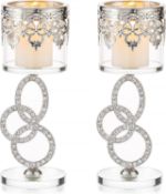 RRP £21.99 Sziqiqi Crystal Tea Light Candle Holders - Silver Metal Pillar Candle Holder