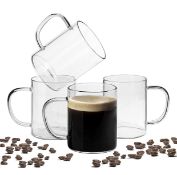 RRP £19.99 ComSaf 400ml Glass Coffee Mugs Set of 4 Clear Glass Cups with Big Handles