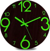 RRP £23.99 Plumeet Luminous Wall Clocks - 12'' Non-Ticking Silent Wooden Clock with Night Light