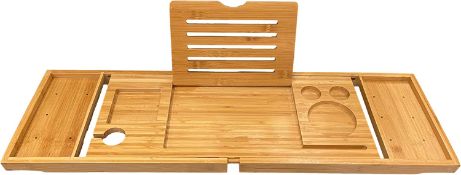 RRP £24.99 MPS Luxury Bath Tray, Extendable Natural Bamboo Wooden Bathtub Caddy