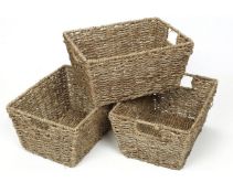 RRP £24.99 Woodluv Seagrass Storage Shelf Basket with Insert Handles Set of 3