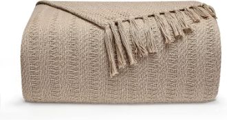RRP £21.99 Nevni Decorative Rustic Cotton King Size Throw Blanket With Fringes, 225cm x 250cm