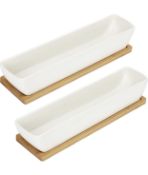 RRP £24.99 Belle Vous White Ceramic Rectangular Succulent Pots with Bamboo Trays, 2-Pack