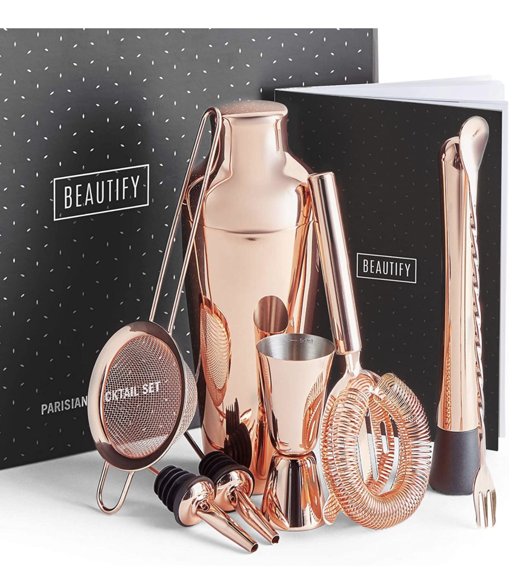 RRP £29.99 Beautify BTFY Rose Gold Cocktail Shaker Set Copper Stainless Steel in Gift Box