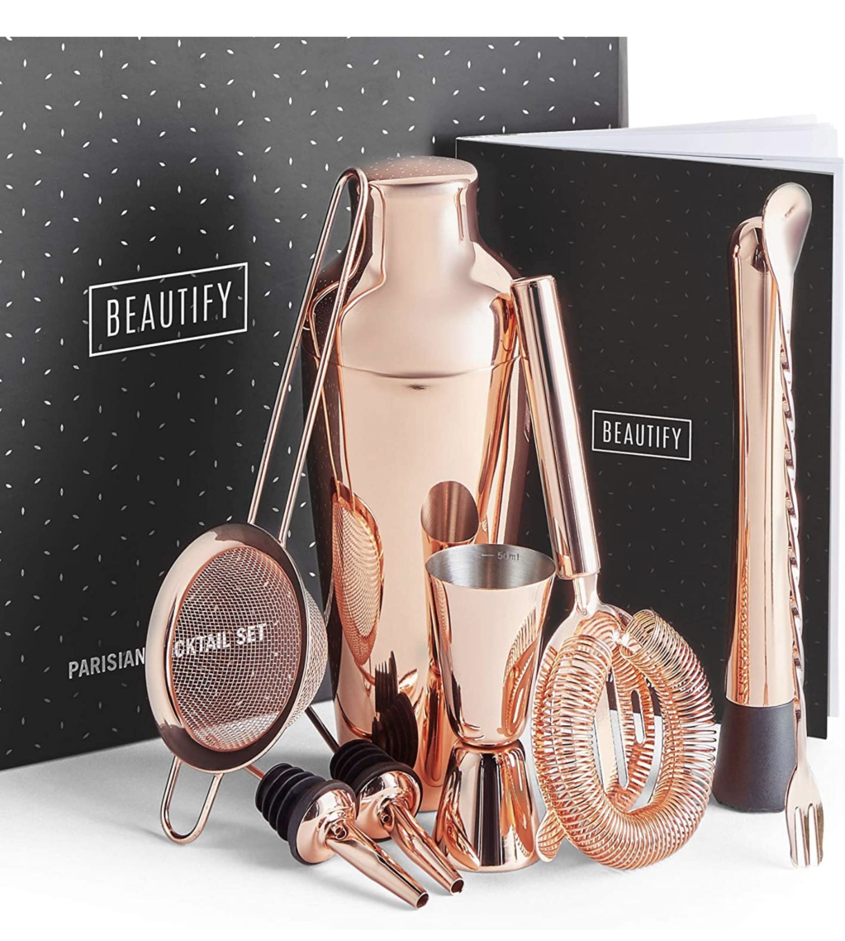 RRP £29.99 Beautify BTFY Rose Gold Cocktail Shaker Set Copper Stainless Steel in Gift Box