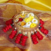 Set of 2 x Unique Design Hand Crafted Itiha ® Red Roses Pooja Thali Set (Gold 8 inch)