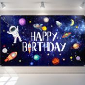 Djoymock 8x6ft Dark Blue Boys Birthday Background, Astronaut Backdrop Space Galaxy