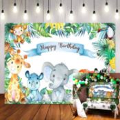 Djoymock 7x5ft Cartoon Animals Theme Birthday Party Backdrop, Jungle Safari Party