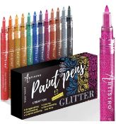 RRP £23.99 Artistro Glitter Paint Pens for Rock Pinting Ceramic Glass Fabric, 12 Markers