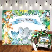 Set of 2 x Djoymock 7x5ft Cartoon Animals Theme Birthday Party Backdrop, Jungle Safari Party