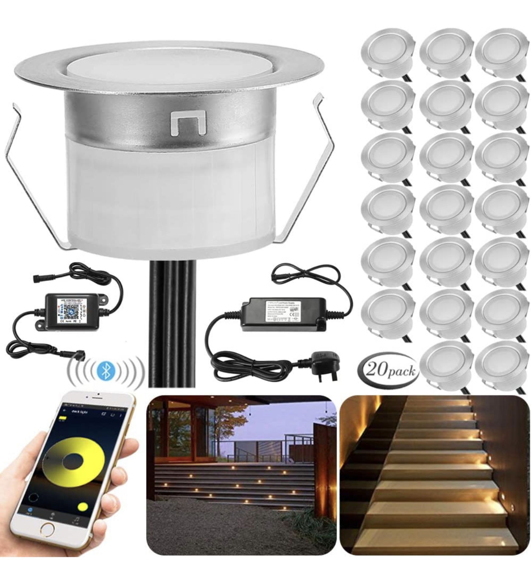 RRP £87.99 Indarun LED Decking Lights 12V 1W Waterproof IP67 Bluetooth App, 20-Pack