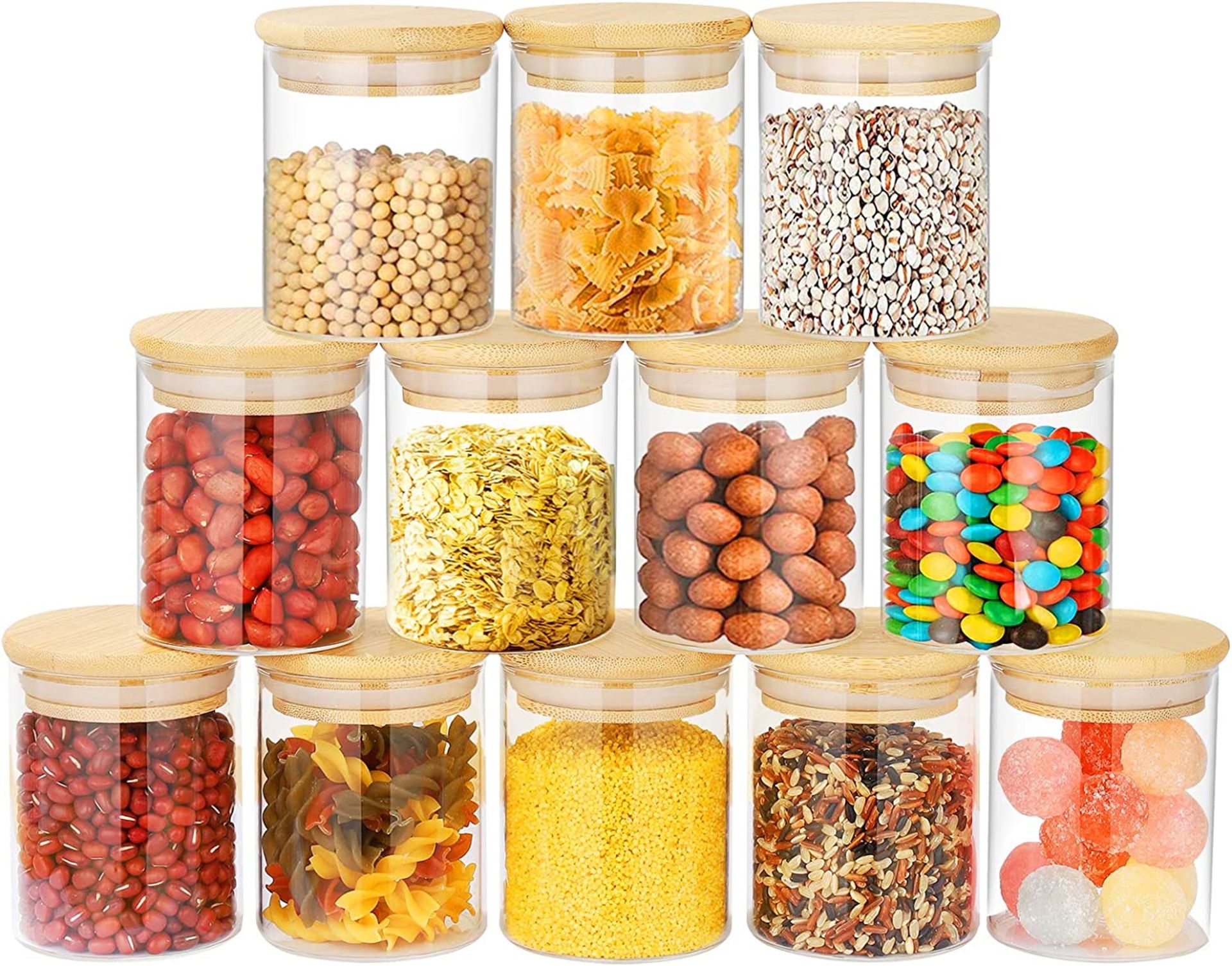 RRP £23.99 Bossjoy Set of 12 Glass Storage Jars with Sealed Bamboo Lids Clear Glass Spice Jars