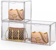 RRP £64.99 MECC 3Pack Clear Handbag Storage Organizer for Closet Acrylic Stackable Transparent Box
