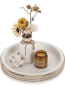 RRP £19.99 Hanobe Wood Decorative Tray Round White Washed Bead Vintage Tray