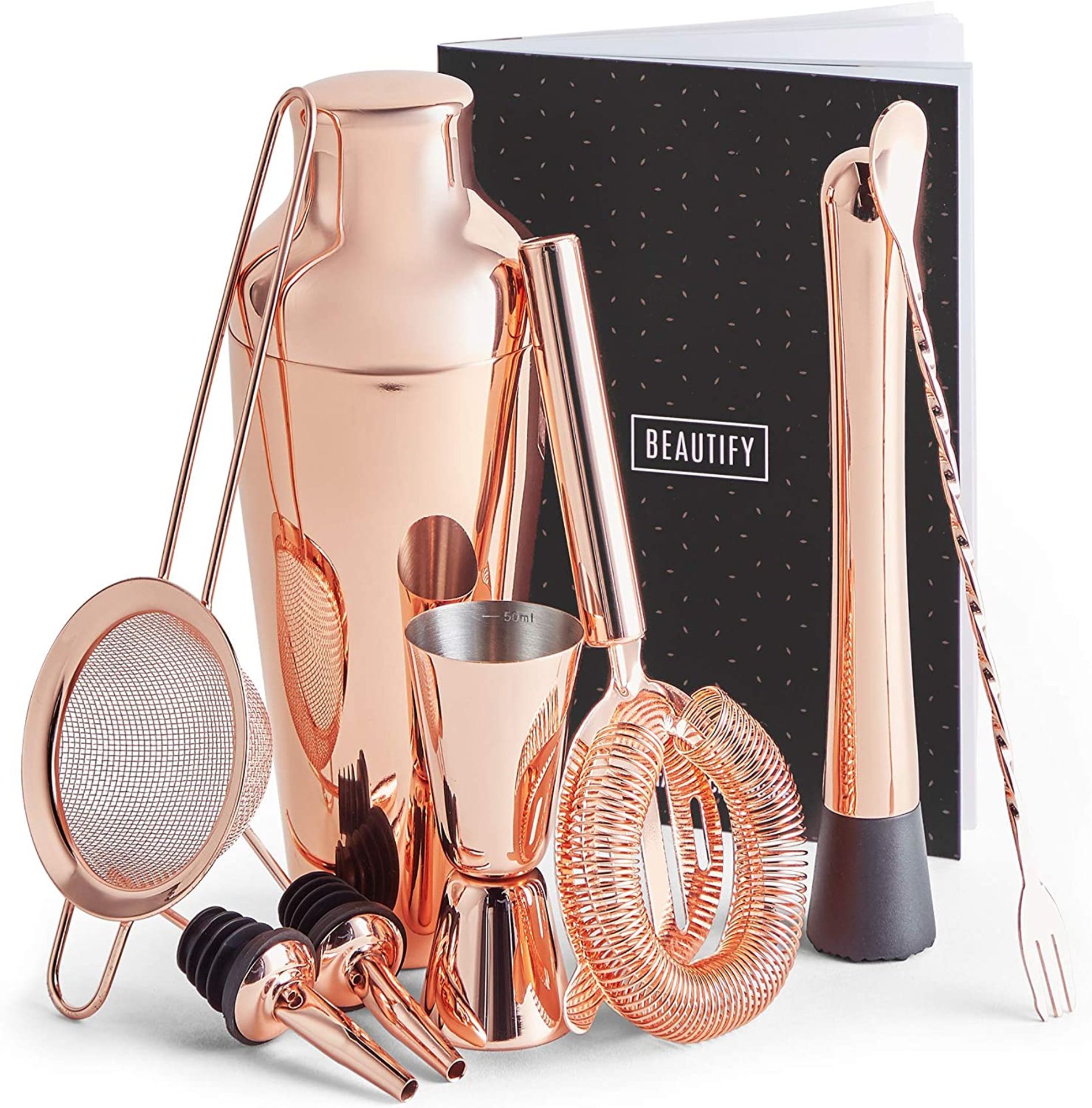 RRP £29.99 Beautify BTFY Rose Gold Cocktail Shaker Set Copper Stainless Steel in Gift Box