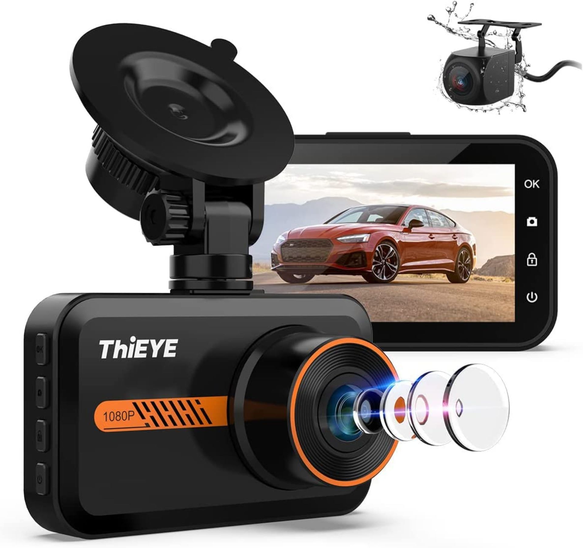 RRP £62.99 ThiEYE Dash Cam Front and Rear Camera 1080p HD Recording,3 Inch LCD Screen Dual Dashcam