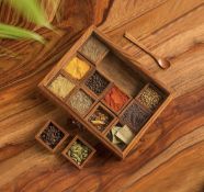 RRP £26.99 Ajuni Wooden Masala Dabba Spice Storage Box with Glass Lid