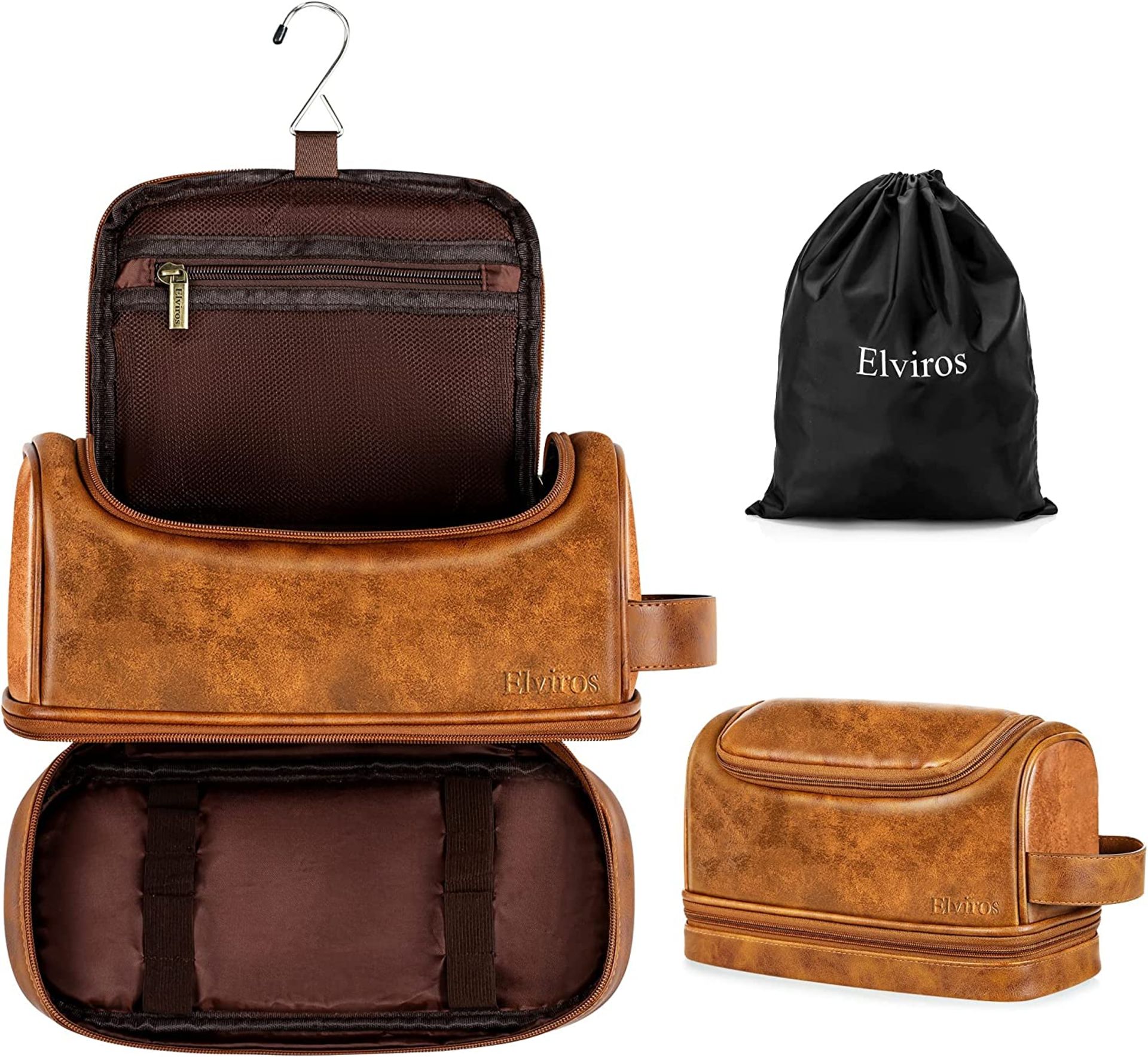 Elviros Water-Resistant Leather Toiletry Bag for Men Large Double-Layer Travel Wash Bag RRP £16.99