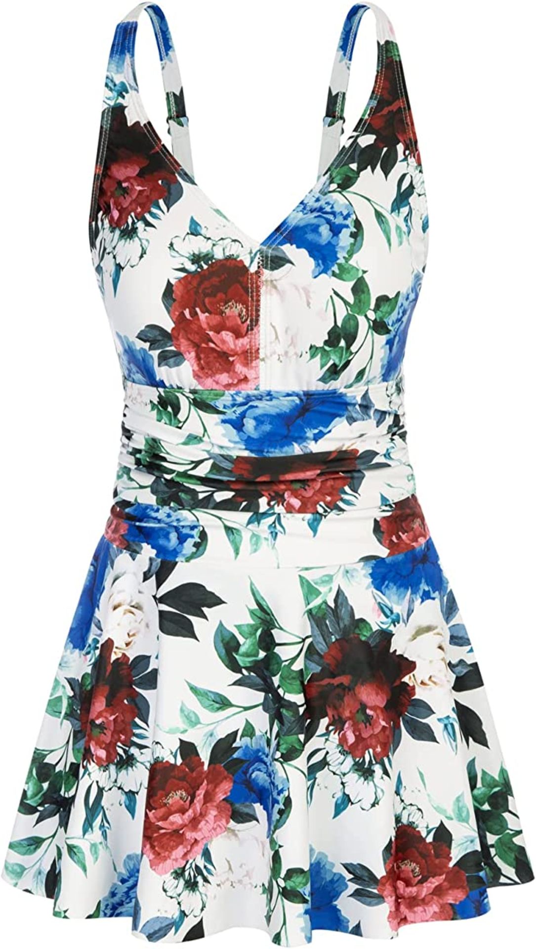 RRP £25.99 JASAMBAC Women's Tummy Control Swimdress V Neck Ruched Floral Two Piece Swimsuit, L