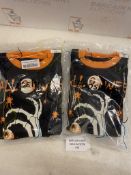 RRP £18 Set of 2 x Kids Skeleton Pyjamas Glow in the Dark 100% Cotton Sleepwear Spooky Pjs, 2-3 Y