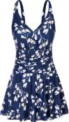 RRP £23.99 JASAMBAC Women's Tummy Control Swimdress V Neck Ruched Floral Two Piece Swimsuit, L
