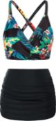 RRP £22.99 JASAMBAC Women Twist Front High Waisted Bikini Set Two Piece Swimsuits Bathing Suit Tummy